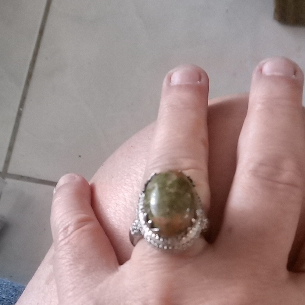 Silver Statement Ring With Green Oval Gemstone - image 1